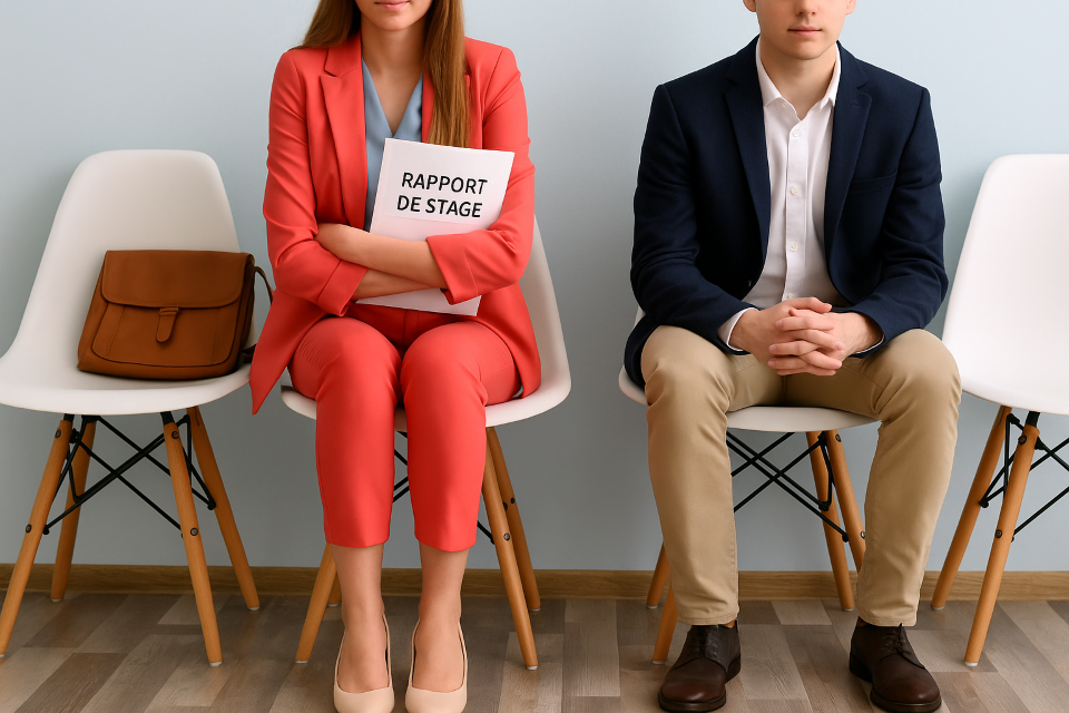 Étudiants en tenue professionnelle attendant leur soutenance de stage avec leur rapport