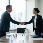 Poignée de main entre un dirigeant d'entreprise et une représentante d'un cabinet de recrutement, symbolisant la conclusion d'un partenariat stratégique.