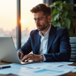 Homme d'affaires analysant la gestion financière pour son installation libérale santé sur son ordinateur.
