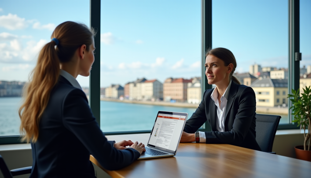 Femme d'affaires souriante tenant son CV optimisé grâce aux conseils d'une agence intérim Saint-Malo.