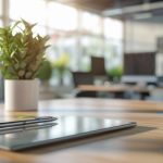 Un poste de travail moderne et lumineux avec tablette et plante de bureau, représentant le cadre professionnel pour les débouchés d'un Mastère RH.