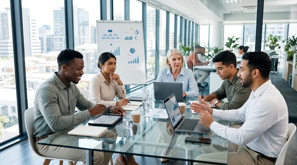 Groupe de professionnels diversifiés en pleine réunion collaborative, illustrant les compétences en management et stratégie acquises grâce à un Mastère RH.