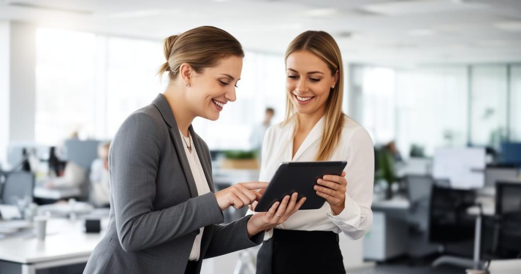 Deux collaboratrices souriantes utilisant un écran lors d'une session d'intégration.