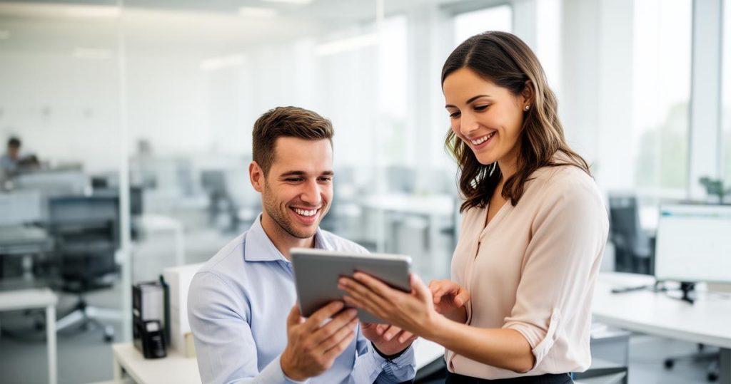 Manager et nouvel employé utilisant une tablette pour faciliter l'intégration collaborateur.