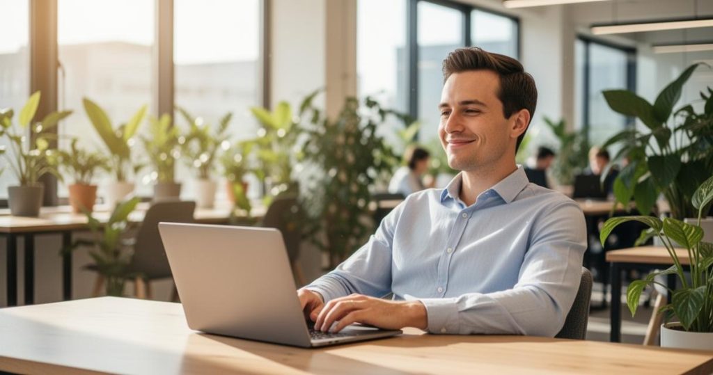 Un consultant indépendant souriant dans un espace de coworking, illustrant le principal avantage portage salarial.